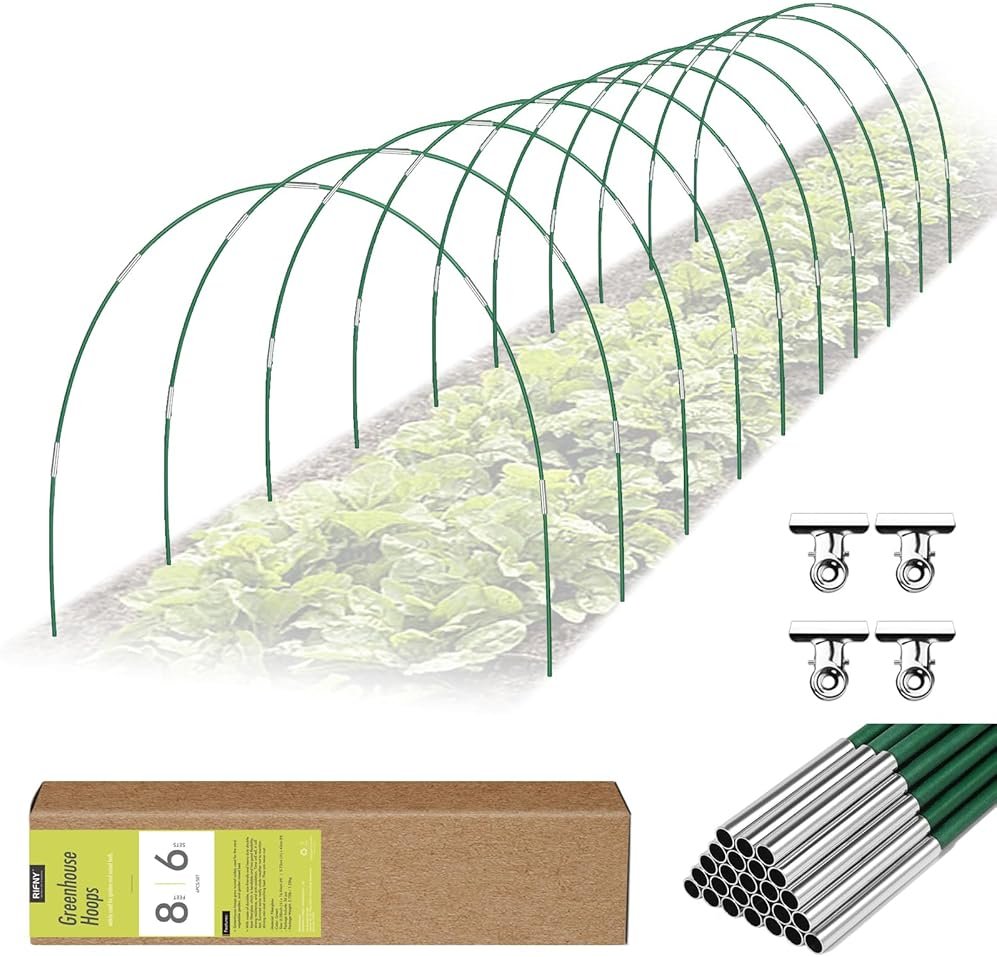 60 PCS Garden Hoops for Raised Beds, Rifny 10 Sets Greenhouse Hoops Kit of 8 FT Long Grow Tunnel, Rust-Free Fiberglass Garden Support Poles for Insect Mesh Netting Freeze Plant Cover (Green) - Product Image