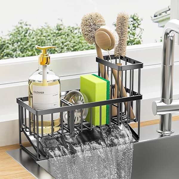 Cisily Sink Caddy Sponge Holder for Kitchen with Brush Holder and Stainless Steel Self Drain Tray, Rustproof Kitchen Sink Organizer for Sponge, Soap Dispenser Storage Accessories - Product Image