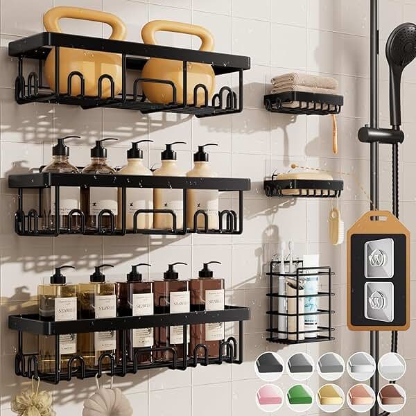 Veken Shower Caddy 6-Pack, Advanced Rustproof Design, No Drilling Adhesive Shelves, Rack with Soap Holder, Large Capacity Bathroom Organizers and Storage, Wall-Mounted Kitchen & Home Decor - Product Image