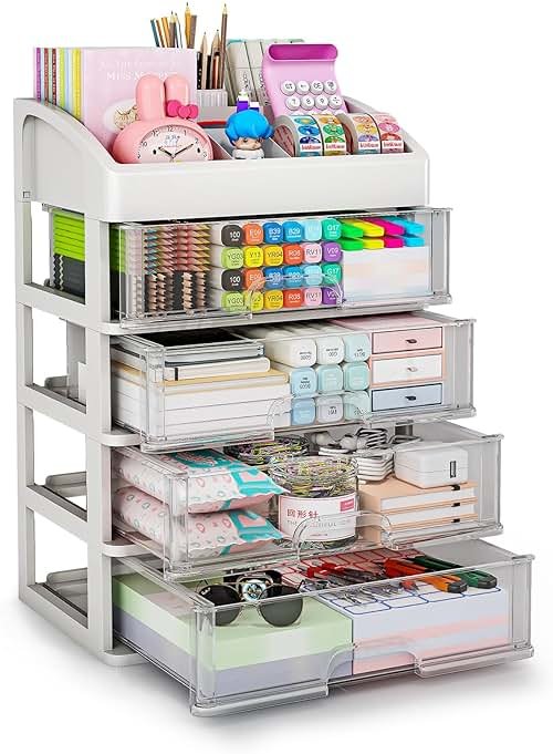 Desk Organizer with 4 Drawer Storage, Desktop Drawers Organizer for Office/School Supplies, Plastic Stationary Makeup Organizer, Desk Storage Box Organizer for Office, School, Bathroom - Product Image