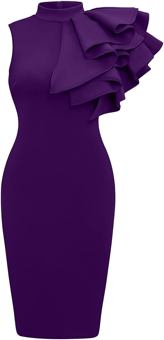 Memoriesea Women's Ruffle Sleeveless Bodycon Knee Length Party Pencil Midi Dress - Product Image