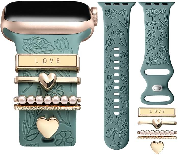 DaQin Flower Engraved Band Compatible with Apple Watch Bands for Women 40mm 38mm 41mm 42mm, Soft Silicone Strap With Dressy Decorative Apple Watch Charms for iWatch Series 11 10 9 8 7 6 5 4 3 2 1 SE - Product Image