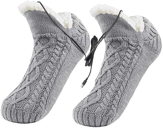 PURFUN Electric Heated Fleece Socks for Women Teens, Winter Cozy Fleece Lining Foot USB Heating Pad Anti-Slip Thermal Christmas Home Knitted Heat Socks Indoor Slippers Foot Warmer Heater Footwear - Product Image