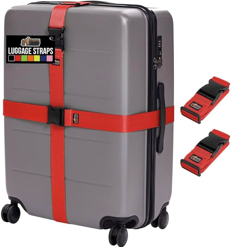 GORILLA GRIP Heavy Duty Adjustable Luggage Straps for Suitcases, Easy to Identify Travel Belt Connector Holds Suitcase Together, Extends Life of Bag, Strap Connects Two Bags, Accessories 2 Pack Red - Product Image