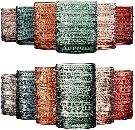 Khen Hobnail Beaded Highball Drinking Tumbler Glasses | Set of 12 | Color, Vintage Bubble Design Whiskey Glassware, Old-Fashioned, Embossed Design for Water, Wine, Cocktail Embossed, Rocks Glass - Product Image