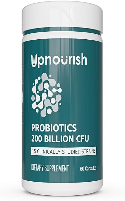 UpNourish Probiotics - 200 Billion CFUs for Men and Women, 15 Clinically Studied Strains, Prebiotics & Enzymes - 60 Vegan Capsules - Product Image