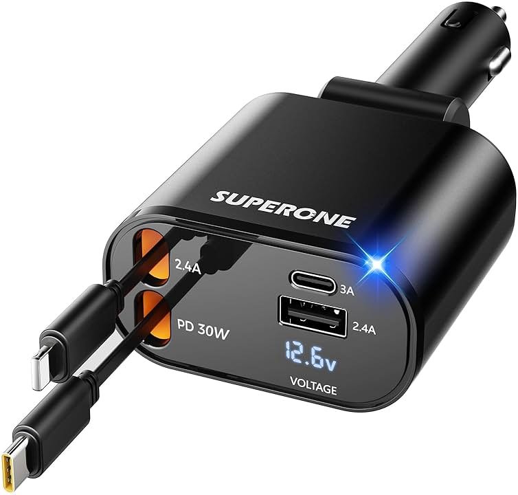 [Upgraded] SUPERONE Retractable Car Charger 4 in 1, Fast Car Phone Charger with Cord 2.6ft, USB C and Apple Car Adapter, Compatible with iPhone 17 16 15/15 Pro Max/14/13/12/11, Galaxy, Pixel - Product Image