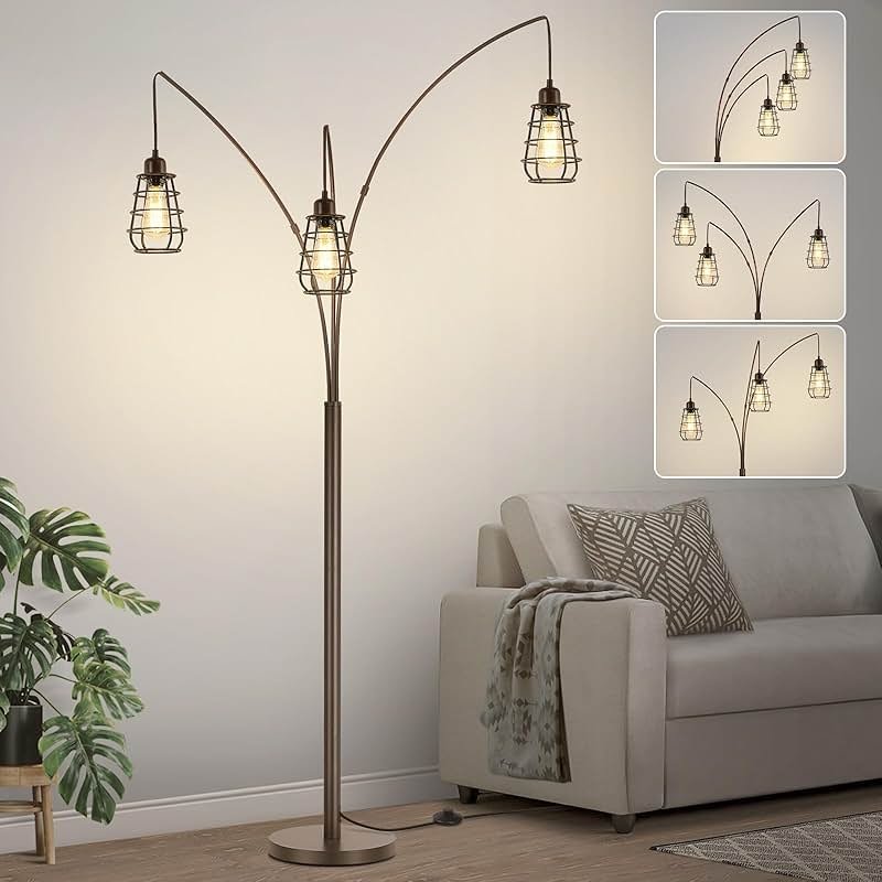 Boncoo Industrial Floor Lamp, 3 Light Arc Floor Lamps for Living Room, 76 Inch Tall Standing Lamp with Metal Cage Shades & Foot Switch, Vintage Floor Lamp for Bedroom, Office, Corner, Bronze - Product Image