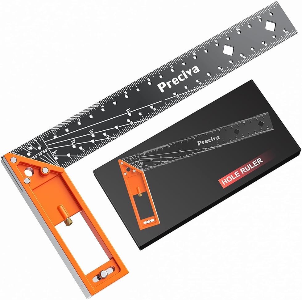 12” Woodworking Square Ruler - Preciva Right Angle Ruler Carpenter Square Layout Tool, Features Stainless Steel Blade, Retractable Ledge, 1/16” and 1/32” Notch Spacing and Multi-Angle Scribe Mark - Product Image