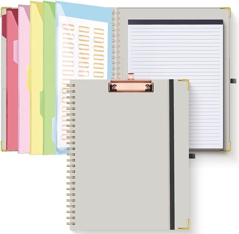HAUTOCO Clipboard Folio with Refillable Lined Notepad for Letter Size (11" x 8.5"), 5 Dividers with 10 Pockets, Elastic Pen Holder and File Folder Labels, Spiral Nurse Clipboard Artboard(Gray) - Product Image