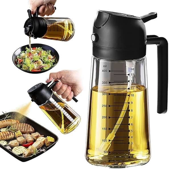 TrendPlain 16oz/470ml Glass Olive Oil Sprayer for Cooking – 2 in 1 Olive Oil Dispenser Bottle for Kitchen Gadgets and Air Fryer Accessories, Salad, BBQ - Black - Product Image