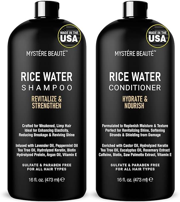 MYSTÉRE BEAUTÉ Rice Water Shampoo and Conditioner Set - Sulfate Free with Biotin, Hyaluronic Acid & Tea Tree - Strengthens, Thickens & Adds Shine - For All Hair Types Including Curly -16 oz Each - Product Image