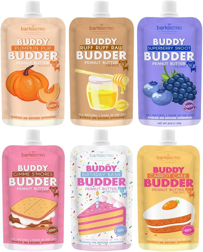 BUDDY BUDDER 6 Pack Mixed Flavor Squeeze Packs, 100% Natural Dog Peanut Butter, Healthy Peanut Butter Dog Treats, Made in USA, (4oz Packs) - Product Image
