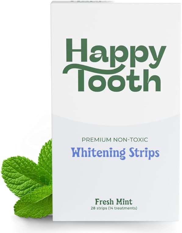 Happy Tooth Natural Teeth Whitening Kit, Strips for Sensitive Teeth, Enamel Safe, Dentist Formulated, Fluoride Free, Natural Ingredients, Gentle Daily Use, 28 Strips, 14 Treatments, Fresh Mint Flavor - Product Image
