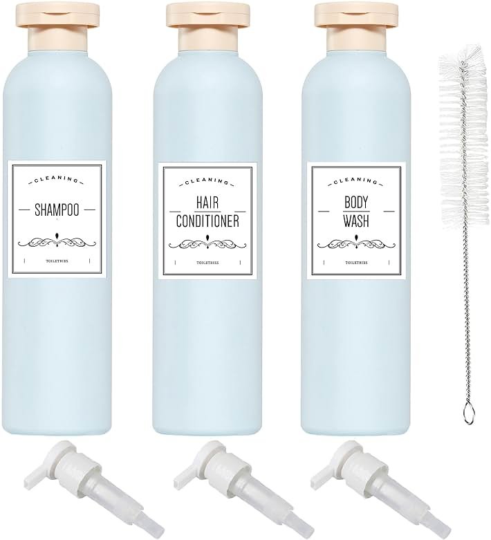 Qeuly Squeeze Bottles with Pump Dispenser and Flip Cap, 8.8 oz Refillable Travel Containers for Toiletries, Plastic Travel Shampoo and Conditioner Bottles (Blue 260) - Product Image