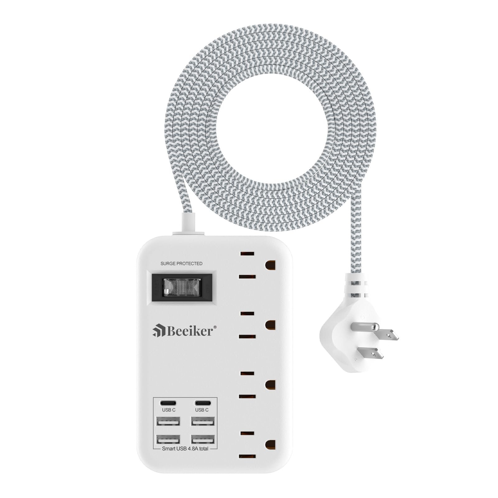 6 USB(2 USB C) Surge Protector Power Strip- 5Ft Travel Power Strip with 4.8A USB Charging Station and 4 Extendable Outlet, 13A Flat Plug Braided Extension Cord with Wall Mount for Travel Office Dorm - Product Image