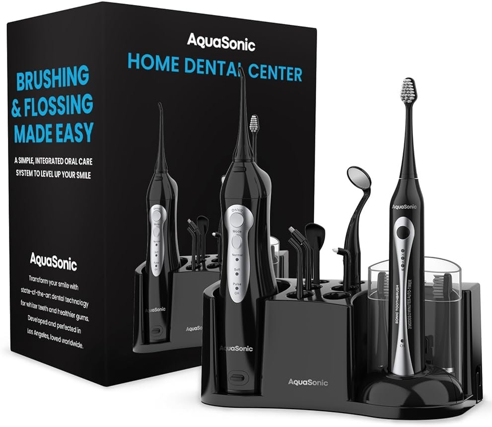 AquaSonic Home Dental Center Rechargeable Power Toothbrush & Smart Water Flosser - Complete Family Oral Care System - 10 Attachments and Tips Included - Various Modes & Timers (Black) - Product Image