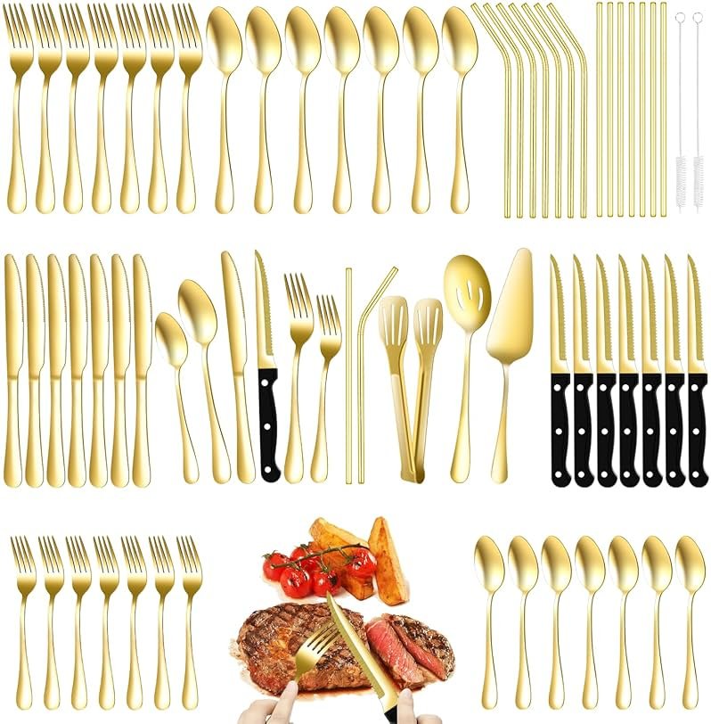 69 Piece Gold Silverware Set with Steak Knife Service For 8, Golden Flatware Cutlery Set Stainless Steel Utensils Mirror Polishe Spoons and Forks with Metal Straw, Slotted Spoons, Tongs, Tableware - Product Image
