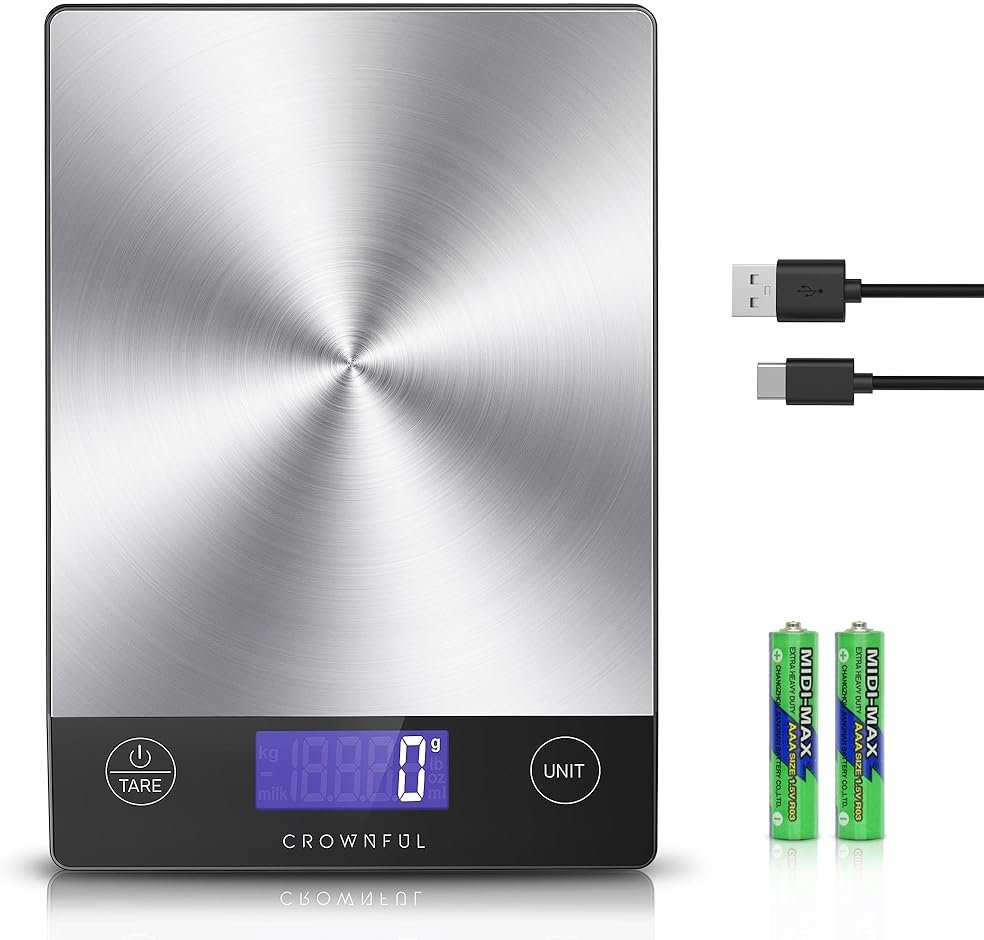 CROWNFUL Food Scale, 33lb Rechargeable 304 Stainless Steel Digital Kitchen Scale Weight Grams and Ounces with LCD Display and Type-C Charging for Meal Prep, Baking and Cooking - Product Image