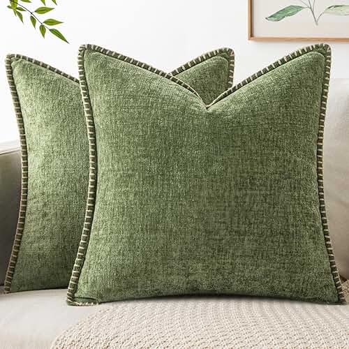 MIULEE Pack of 2 Couch Throw Pillow Covers 18x18 Inch Sage Green Farmhouse Decorative Pillow Covers with Stitched Edge Soft Chenille Solid Dyed Summer Pillow Covers for Sofa Bed Living Room - Product Image