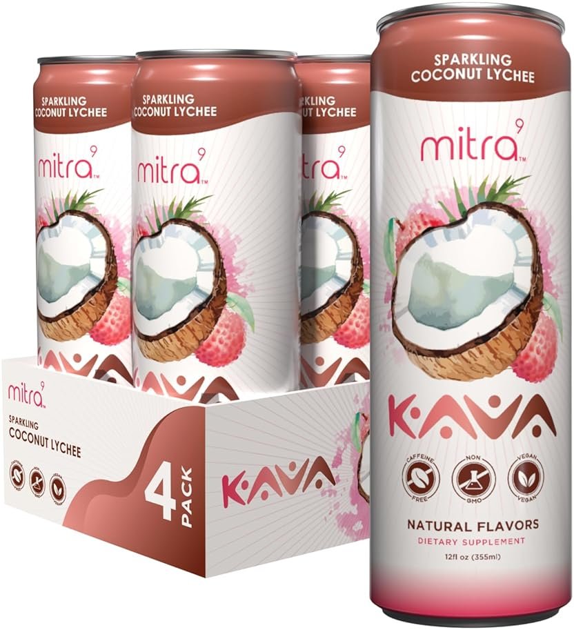 Mitra9 | Paradise Lychee Kava Seltzer - Sparkling Relaxation Drink | 4-Pack | Non-Alcoholic Alcohol Alternative | 500mg Kava Root Extract | Low Calorie, Plant Based Stress Relief | 12 fl oz Cans - Product Image