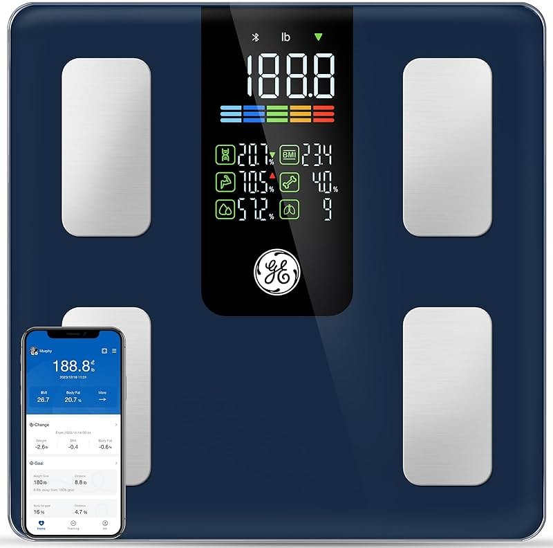 GE Smart Scale for Body Weight, BMI, Fat, Muscle Mass, Digital Bathroom Scales 500lbs Bluetooth 11.8" Large Platform Weighing Machine Health Monitor with App, Dark Blue - Product Image