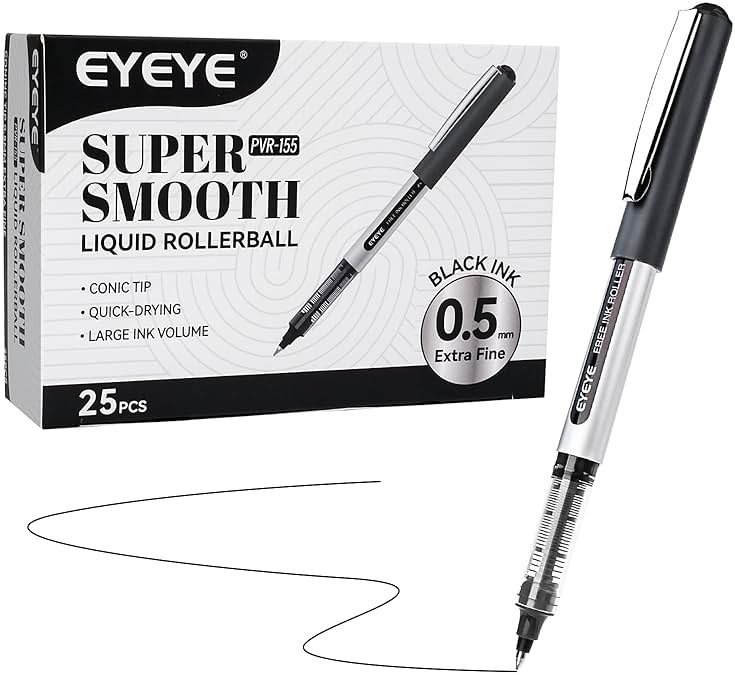 EYEYE 0.5mm Black Rollerball Pens 25 Pack, Extra Fine Point Roller Ball Pen Quick Dry, Liquid Ink Pens Fine Point Smooth Writing Pen for Journaling, Note Taking, Office, School Supplies - Product Image