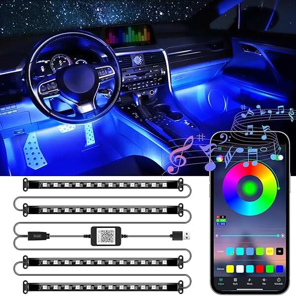 LivTee Accent Interior Car Lights, Smart Car Interior Lights with App Control, RGB LED Lights with Music Mode and DIY Mode, 2 Lines Design LED Lights for Cars with Charger, Car Accessories for Women - Product Image