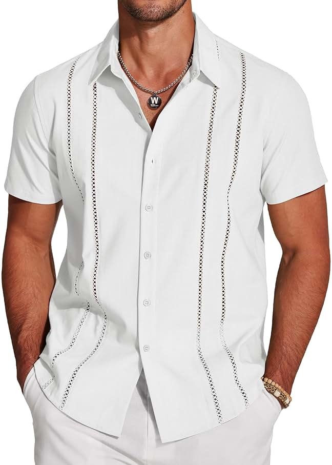 COOFANDY Men's Cuban Guayabera Shirt Short Sleeve Button Down Shirts Casual Summer Beach Linen Shirts - Product Image