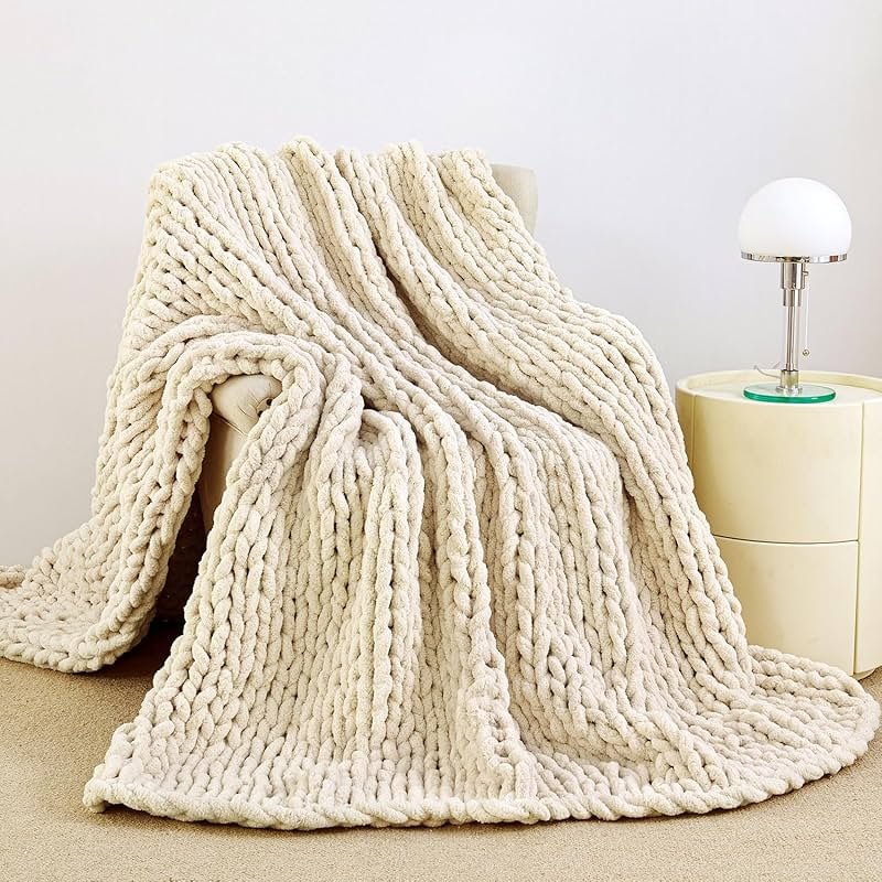 Admitrack Chunky Knit Blanket Throw 51"x63", 100% Hand Knit Chenille Throw Blanket for Sofa & Home Decor, Soft and Cozy Knitted Throw Blankets (Ivory，51"x63") - Product Image