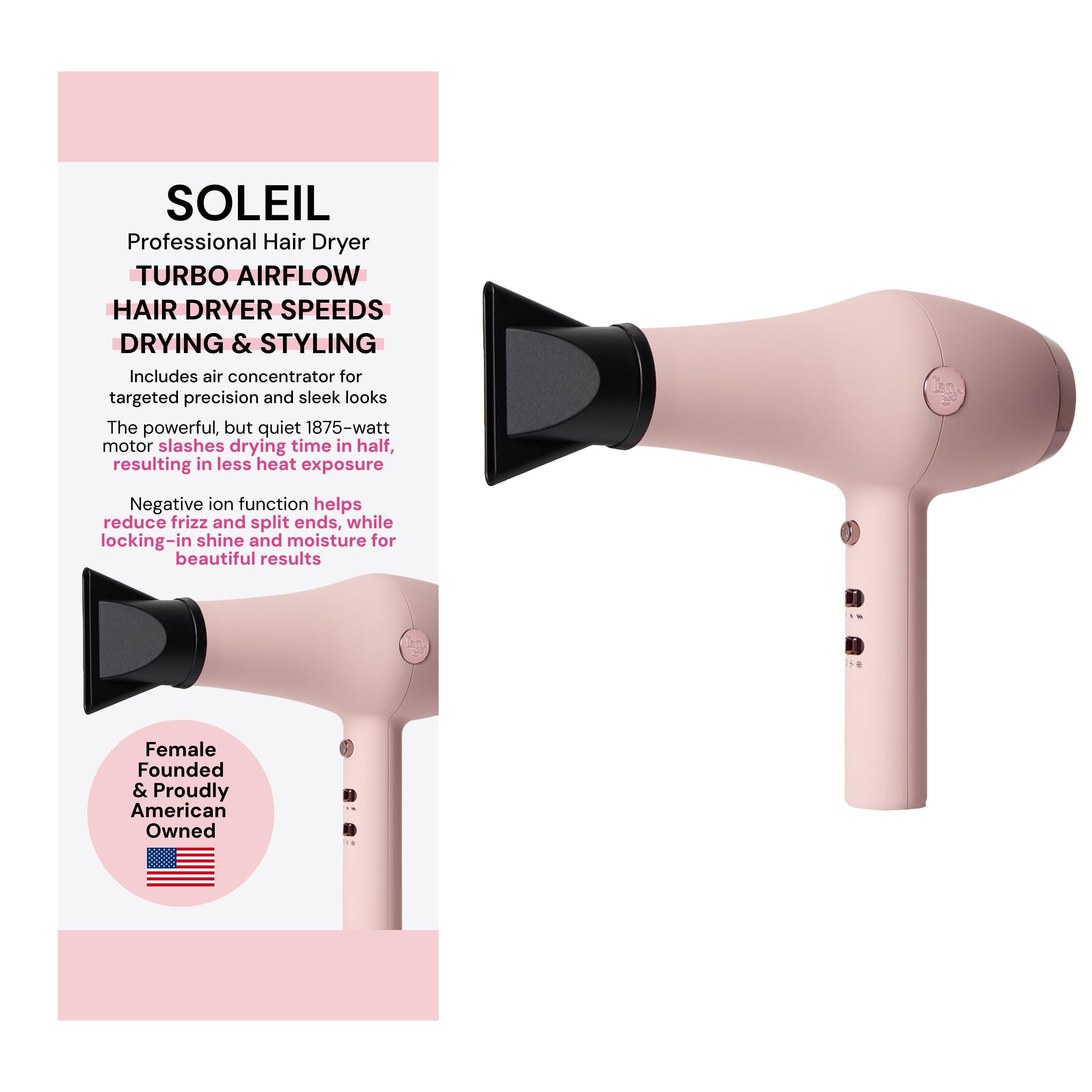 L’Ange Hair Soleil Professional Hair Dryer | Fast Drying Ionic Blow Dryer for Frizz-Free Results | 3 Heat Settings with Cool Shot Feature | Lightweight Hairdryer with Concentrator 1875W | Blush - Product Image