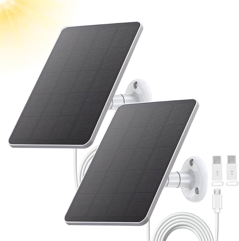 2 Pack Solar Panel Compatible with WYZE Battery Cam Pro, EufyCam 2C/2C Pro, 4W 5V Solar Panel with 10ft Micro USB Charging Cable for Outdoor Battery Camera, Tpye C Adapter, Adjustable Wall Mount - Product Image