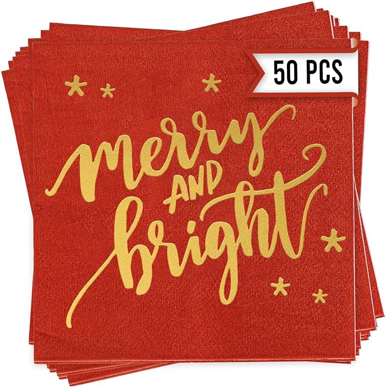 Christmas Napkins – 52 Pack Christmas Party Decorations with “Merry and Bright” Design – Friendmas Napkins for Holiday Table, Friends Gatherings, and Festive Celebrations - Product Image