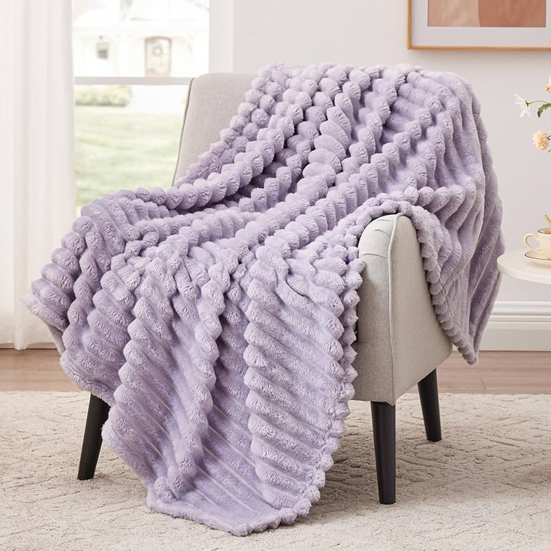 EXQ Home Fleece Throw Blanket for Couch or Bed - 3D Stripe Jacquard Decorative Blankets - Cozy Soft Lightweight Fuzzy Flannel Blanket Suitable for All Seasons(50"×60",Light Purple) - Product Image