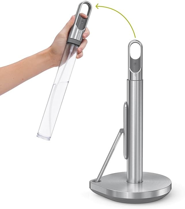 simplehuman Paper Towel Holder with Spray, All-in-One Countertop Paper Towel and Cleaner Dispenser, 6 oz Refillable Pump, One-Handed Tear, Weighted Base, Brushed Stainless Steel - Product Image
