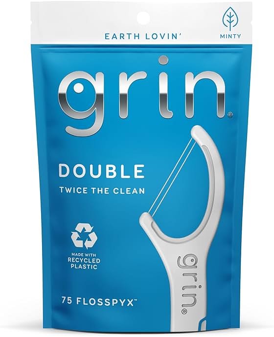GRIN Double Flosspyx, Floss Picks, 75 Count, Dental Flossers, Minty Flavor, Recycled Plastic, 2 Lines of Strong Floss, Longer Floss Head, Traps Food and Plaque, Includes Safe Soft Fold-Back Tooth Pick - Product Image