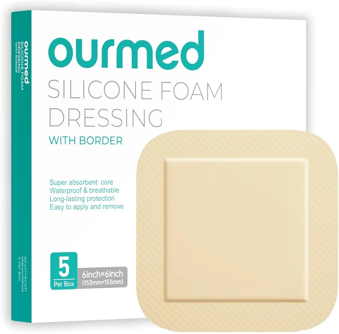 Ourmed Silicone Foam Dressing with Border Adhesive - Large Absorbent Waterproof Bandage for Wound Care, Foot Diabetic Ulcer, Leg Ulcer, 6" x 6", 5 Pack - Product Image