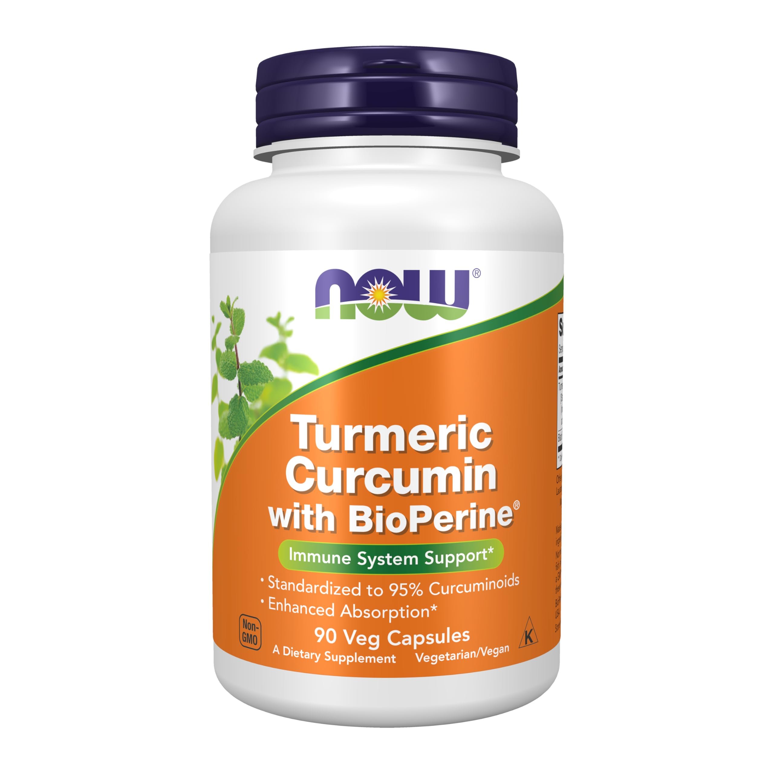 Now Supplements, Turmeric Curcumin with BioPerine, Immune System Support, Standardized to 95% Curcuminoids, Enhanced Absorption*, 90 Veg Capsules - Product Image
