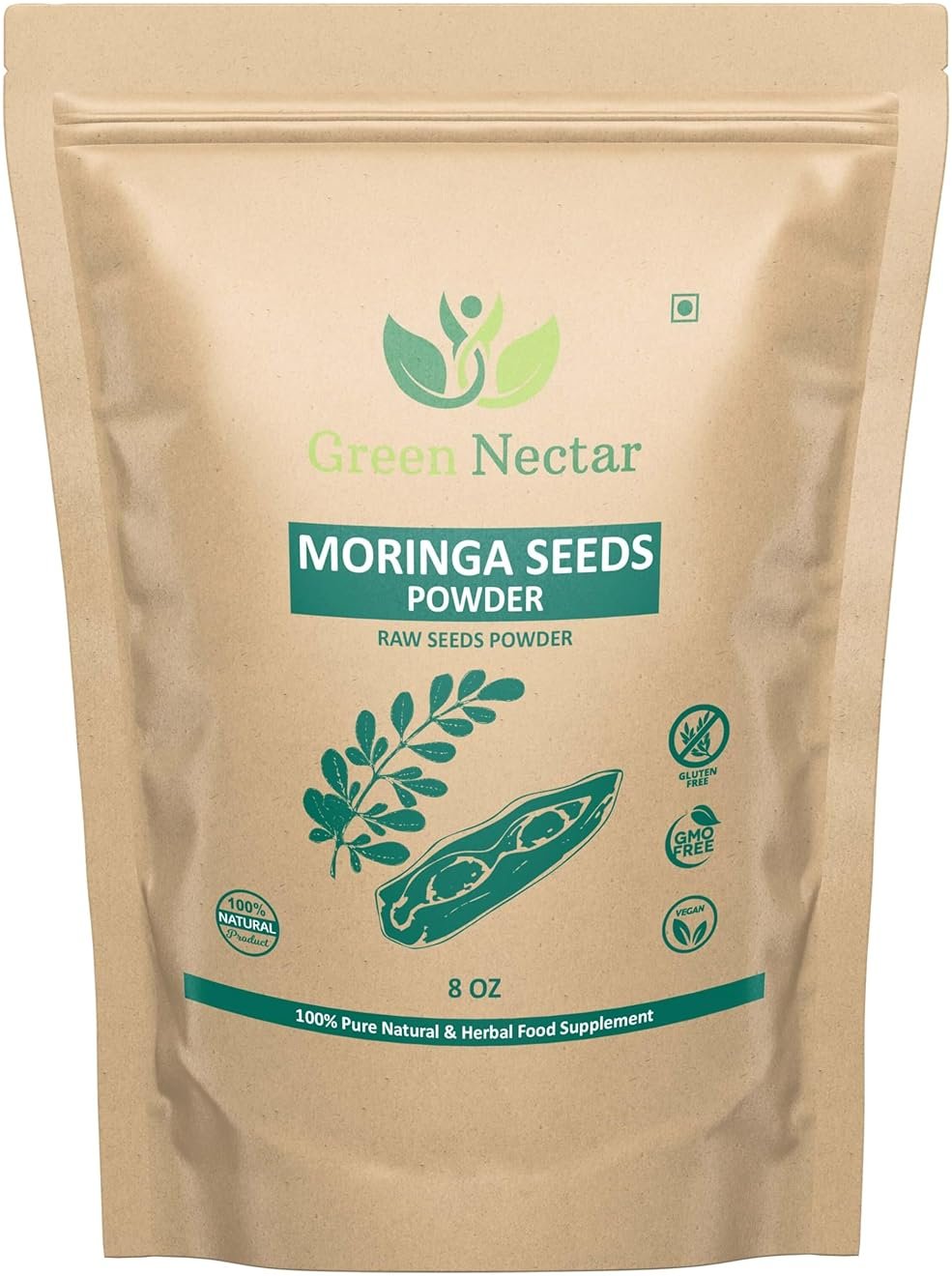 GREEN NECTAR 100% Pure Moringa Oleifera Seed Powder - 8oz - Non-GMO, Vegan, Kosher, Gluten Free (8 Oz - 1 Pack) - Product Image