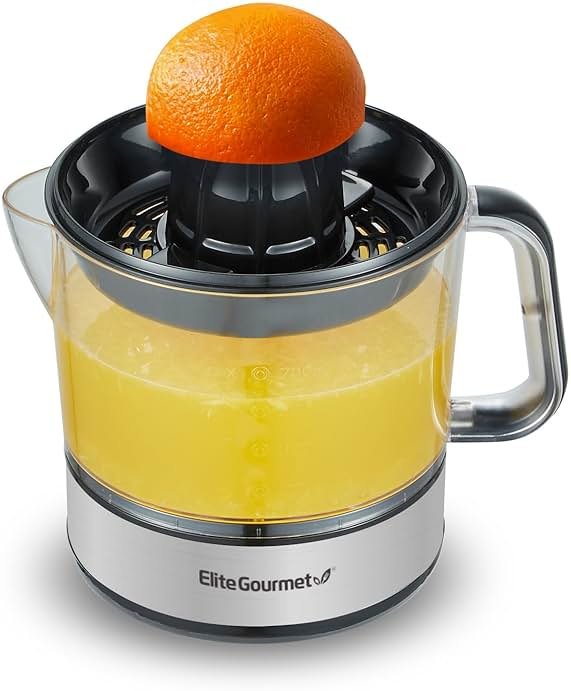 Elite Gourmet ETS623 BPA-Free 40-Watt Electric Citrus Juicer, Compact, Large Volume, Pulp Control, Oranges, Lemons, Limes, Grapefruits with Easy Pour Spout, 24oz, Black/Stainless Steel - Product Image