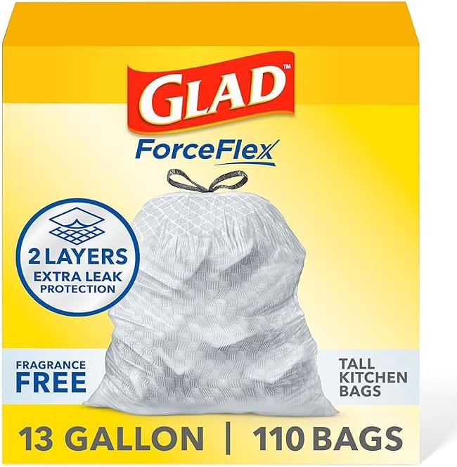 Glad ForceFlex Tall Kitchen Drawstring Trash Bags, 13 Gal, Fragrance Free, 110 Ct (Package May Vary) - Product Image