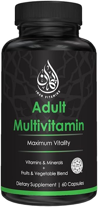 Iman Vitamins Halal Complete Multivitamin Capsules for Adults Men & Women | 42 Fruit & Vegetable Blend with Iron, Zinc, CoQ10, Folic Acid, and Vitamin A, B1, B3, B6, B12, C, D3, E | 60 Count - Product Image
