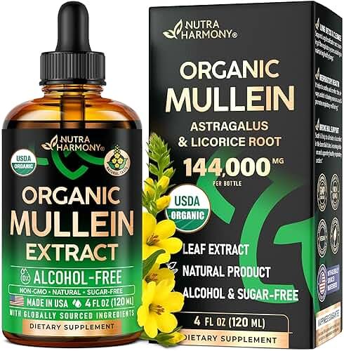 Mullein Drops for Lungs - USDA Organic Liquid - Mullein Leaf Extract Supplement - for Women & Men - Lung & Bronchial Cleanse for Smokers - Respiratory Health Support - As Tincture, Tea, Pills - 4 oz - Product Image