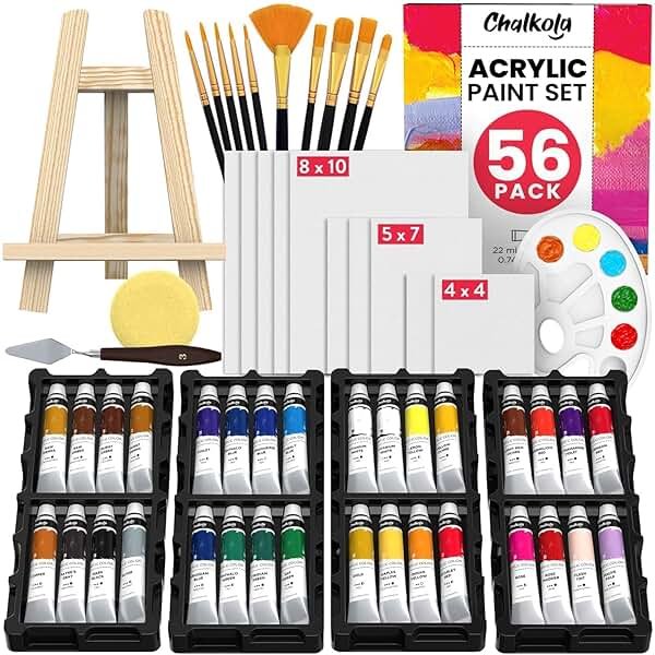 Chalkola Acrylic Paint Set for Adults & Kids - 56 Pcs Canvas Painting Kit with 32 Paints (22ml), 10 Brushes, 10 Canvases, Tabletop Easel, Palette, Knife - Professional Craft & Art Painting Supplies - Product Image