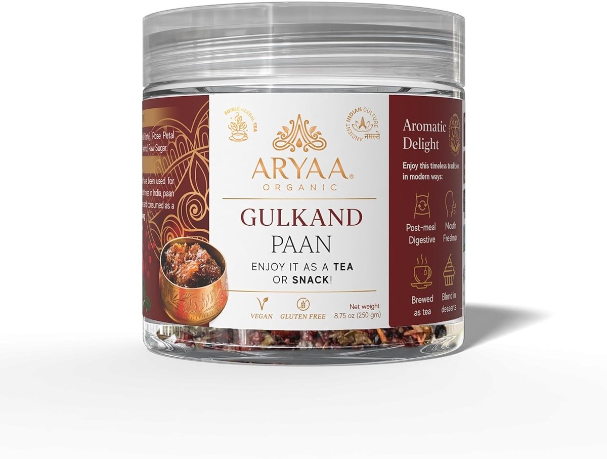 Aryaa Organic Gulkand Paan l 8.75oz (250g)| Herbal Tea & Digestive Snack | | Shredded l 100% Natural, Vegan, Gluten-Friendly | Sound-Infused, Non-GMO | Authentic Indian Delight | Perfect for Sipping or Snacking - Product Image