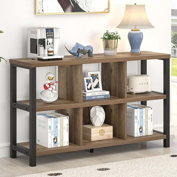 FOLUBAN 6 Cube Storage Organizer with Shelf, Industrial Horizontal Bookshelf, Low Cubby Bookcase for Living Room Bedroom, 47 Inch Oak - Product Image