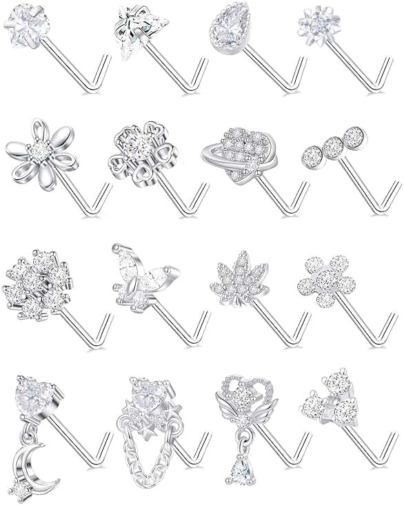 Tornito 16Pcs Nose Rings L Shaped Nose Stud Stainless Steel Butterfly Flower Leaf Heart Moon Dangle Nose Stud Ring Body Piercing Jewelry for Women Men 20G Pink Blue Clear CZ - Product Image