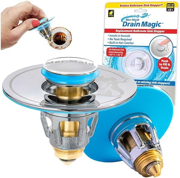 Mer-Maid Drain Magic AS SEEN ON TV Replace Broken or Missing Bathroom Drain Stoppers in Seconds, No Tools, Push To Fill, Hair Catcher Prevents Clogs, Watertight Silicone Seal,Chrome Plated Solid Brass - Product Image