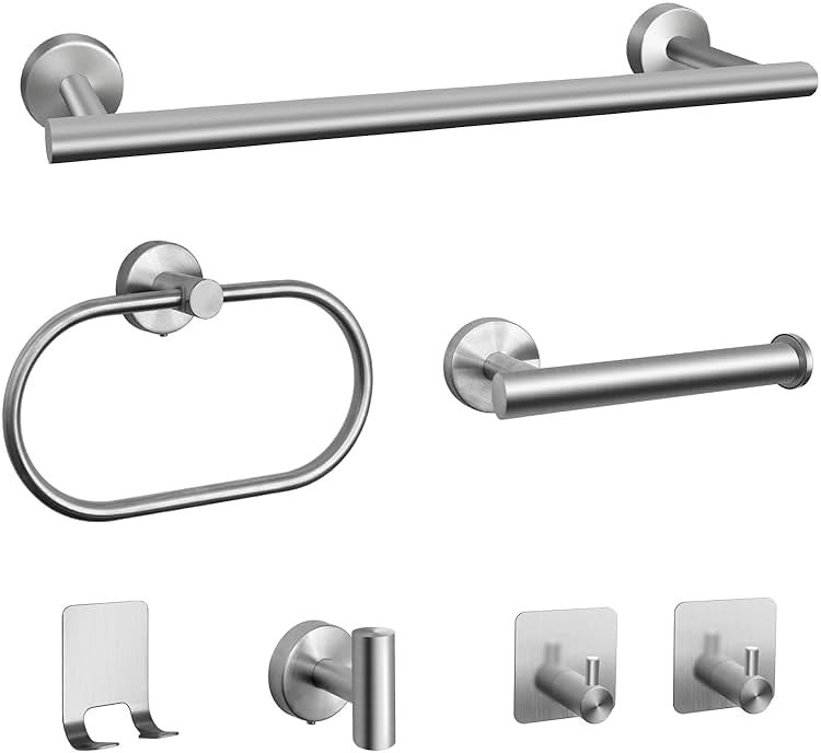 7 PCS Bathroom Hardware Set, Brushed Nickel Stainless Steel Bathroom Tower Rack Set Wall Mounted Includes 16" Towel Bar, Toilet Towel Paper Holder, Towel Ring, 4 Robe Towel Hooks - Product Image