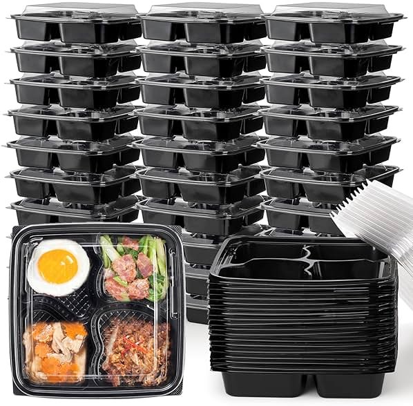 Noamus 30 Pack (60-Pcs) Meal Prep Containers, 4 Compartment Bento Lunch Box with Lid, Disposable Plastic Food Storage To Go, 34oz Portion Control Take Out Box for Adult, Not Microwave Dishwasher Safe - Product Image